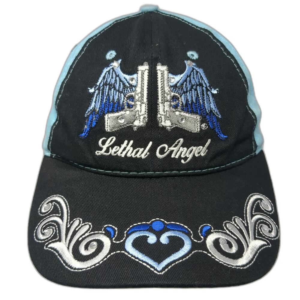 Lethal Angel Baseball Cap Black Blue One Size Winged Pistols Rhinestones Hat